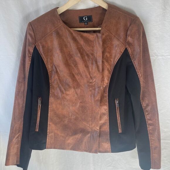 G By Giuliana Cognac Brown Texted Vegan Leather Jacket Sz M - Picture 1 of 8